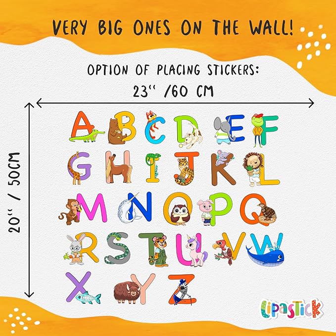 ABC Educational Wall Stickers for Kids - Animal Alphabet Wall Decals by Lipastick - Peel and Stick Letters for Boys and Girls Bedroom, Baby Room, Nursery Decor - Removable Wall Art