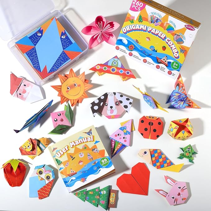 Origami Kit for Kids Ages 5-8 8-12, 260 Sheets Origami Paper with 99 Patterns and Guiding Book, Funtopia DIY Craft Art Projects Supplies for Boys Girls, Travel School Vacation Activities Toy