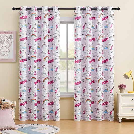 Unicorn Blackout Curtains for Girls' Bedroom - 2 Panels, Each W52×L84, 100% Blackout, Energy Efficient, Thermal Insulated, Noise Reducing, Pink Girls Curtains