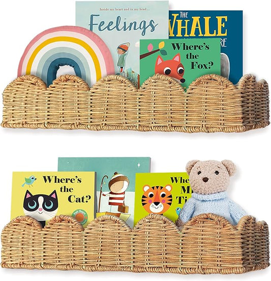 Nursery Book Shelves Set of 2 - Artisanal Natural Rattan Scalloped Book Shelf for Kids Rooms 15.8" W, Cute Wicker Nursery Bookshelf Wall Mounted, Handwoven Floating Kids Bookshelf, Baby Boho Decor