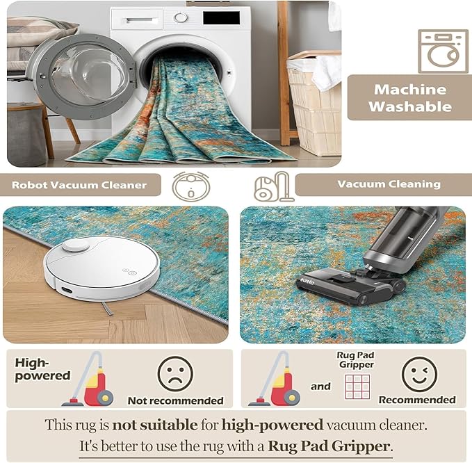 Washable Area Rugs 4ft Non-Slip Modern Abstract Soft for Living Room Entryway Bedroom Nursery, Print Pattern, Teal Blue Green Orange Rust Red Colorful