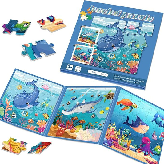 Magnetic Puzzles for Toddlers 3-5 , 75-Pieces Travel Toys , Sea Puzzles Ages 4-6, Educational Learning Magnets, Road Car Trip & Airplane Activities Toys for 3 4 5 6 7 Girls Boys Gift