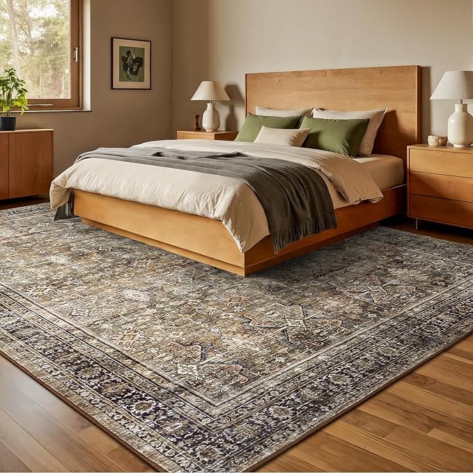 Lofus 9x12 Area Rug for Living Room,Brow Washable Large Rugs with Non-Slip Backing,Soft Neutral Carpets for Bedroom Dining Room Home Office Indoor Nursery