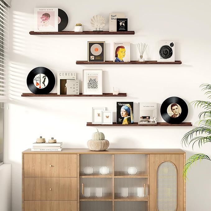 Picture Ledge Shelf for Wall, Floating Shelves Set of 4, 48 Inch Long Nursery Book Shelves for Toys Storage, Kids Bookshelf Wall Mounted for Books Photo Frames, Walnut