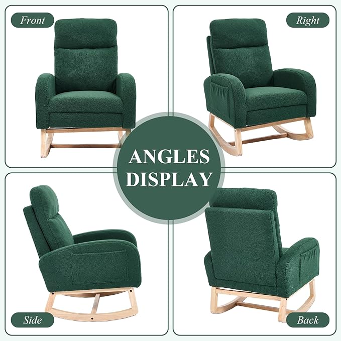 NIOIIKIT Oversized Nursery Rocking Chair, Teddy Upholstered Glider Chair with Footrest, Large Glider Rocker with Side Pocket, Rocking Accent Chair, Glider Recliner for Living Room (Green Teddy)