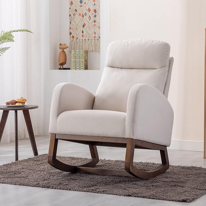 Dolonm Nursery Rocking Chair for Living Room, Upholstered Mid-Century Modern Nursery Rocking Armchair Tall Back Accent Glider Rocker, Beige