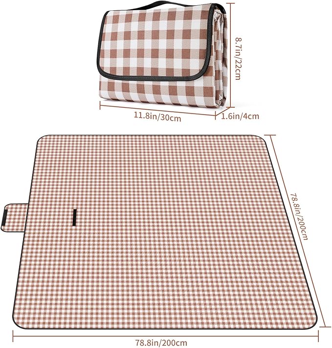 Picnic Blanket Waterproof Beach Rug 80''x80'' Picnic Mat Washable Lightweight with Handle Coffee Checkered for Hiking Travelling Outdoor Camping,Parks