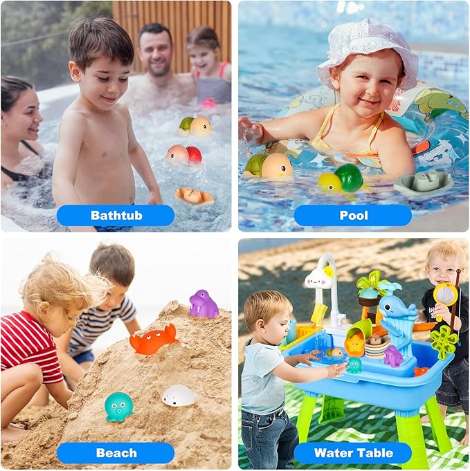 Mold-Free Baby Bath Toys Set 16 Pcs (2 Wind-Up Turtles, 7 No-Hole Sea Animals, 5 Stackable Boats, Fishing Net & Storage Bag) – BPA & Phthalate-Free, Ideal Water Table Baby Pool Toys for Kids Ages 1-3
