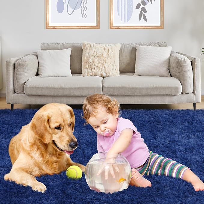 Soft 6x9 Blue Rug, Fluffy Area Rugs for Living Room, Plush Navy Area Rugs for Bedroom, Non-Slip Indoor Carpet for Nursery, Study Room, Kids Room, Room Decor