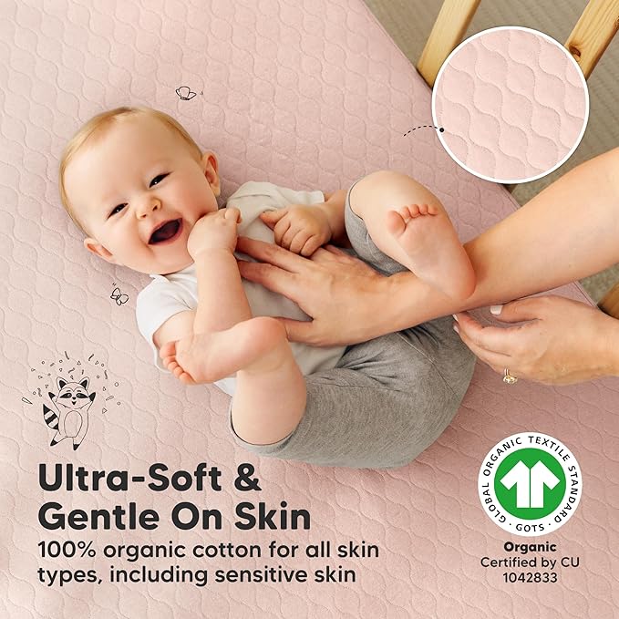 Waterproof Crib Mattress Protector Cover Fitted - 2-Pack Quiet Baby Crib Mattress Pad Sheets, 52" x 28" Soft Quilted Cotton Baby Sheet, Machine Washable, Easy Fit, Durable (Cameo/Mavy)