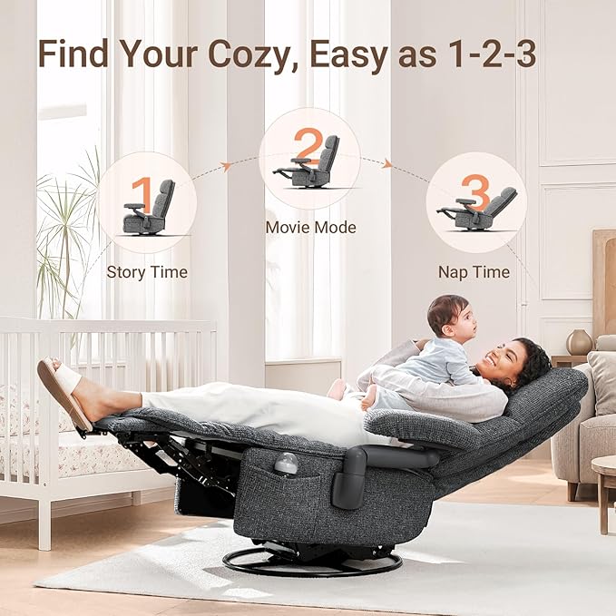 Nursery Swivel Glider Recliner Chair with Adjustable Armrests & Headrest, Rocking Chair Nursery with Removable Cover for Breastfeeding, FSC & Oeko-TEX Certified, Black