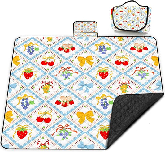 Extra Large Picnic Blanket Waterproof,80"x 80"Foldable Machine Washable Beach Blanket,Outdoor Blanket for 6-8 Adults,Suitable for Indoor Crawling,Park Beach,Camping,Hiking,Family Travel(Fruit)