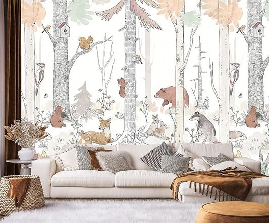 Watercolor Birch Tree Forest Wallpaper Woodland Animal Wall Mural for Kids Bedroom Nursery Room Living Room(Not Self-Adhesive)