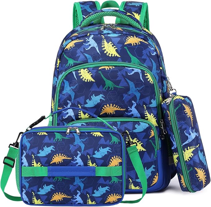 mygreen 3PCS Kids Backpack Set - Waterproof Bookbag with Lunch Box for Boys Ages 3-12, Adorable Cartoon Prints for School & Outdoor Use Blue Green Dinosaurs