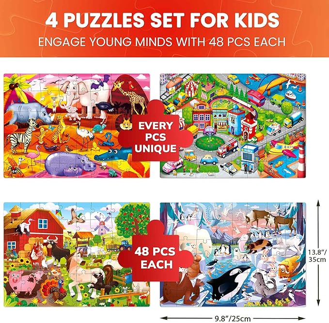 QUOKKA Puzzles for Kids Ages 4-6 – 4 x 48 Pieces Jigsaw Puzzles for Toddlers 2-4 – Children's Game Ages 3-5 for Learning Farm Animals – Educational Preschool Toy for Boys and Girls 4-8 Years Old