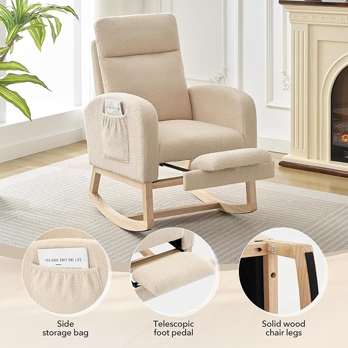 Rocking Chair Nursery, Nursing Rocking Chairs with Foot Rest for Mom Nursery, Rocker Glider Chair with High Backrest for Living Room, Bedroom, Upholstered Lounge Chair with Solid Wood Base for Relaxin