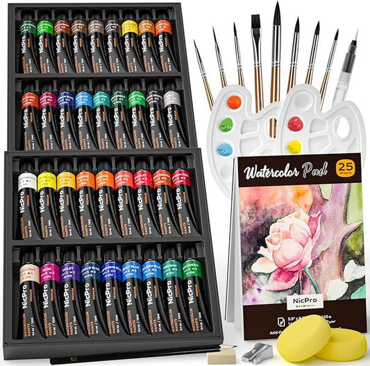 Nicpro 78PCS Watercolor Paint Set for Adults,Beginner & Artists, 36 Tubes Water Color Paint Set with 25 Watercolor Paper, 8 Squirrel Paint Brushes, Palettes, Color Wheel, Art Painting Supplies