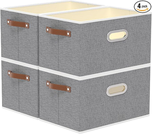Yawinhe Fabric Storage Bins with Handles, Foldable Baskets for Shelves, Cubes with 3 Handles, Large Boxes for Clothes, Grey, 16.9''Lx11.8''Wx10.2''H, 4-Pack
