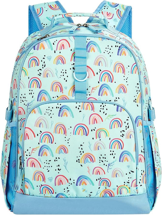 Choco Mocha Rainbow Backpack for Girls, Elementary School Backpack for Girls Ages 6-8 Kids Kindergarten Backpack Bookbag 17 Inch with Chest Strap, Blue