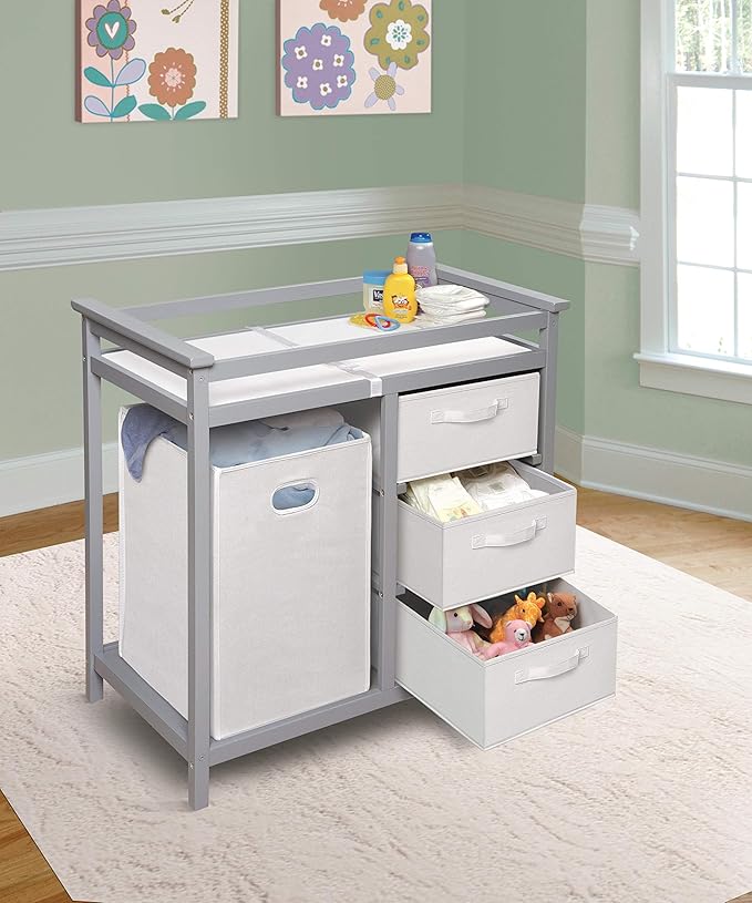 Badger Basket Modern Baby Changing Table - Portable Diaper Station with 3 Drawers Pad & Hamper - Storage Organizer for Baby Diapers & Toys - Gray/White