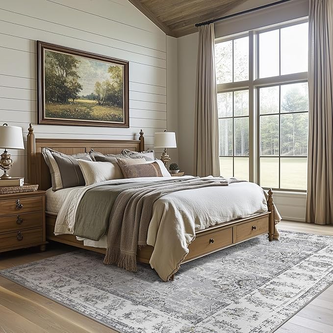 jinchan Vintage Floral 6x9 Area Rugs for Living Room - Machine Washable Distressed Design Stain Resistant Boho Carpet Ultra-Thin Low Pile Non-Slip Rug for Bedroom Dining Room Home Office (6‘x9',Grey)