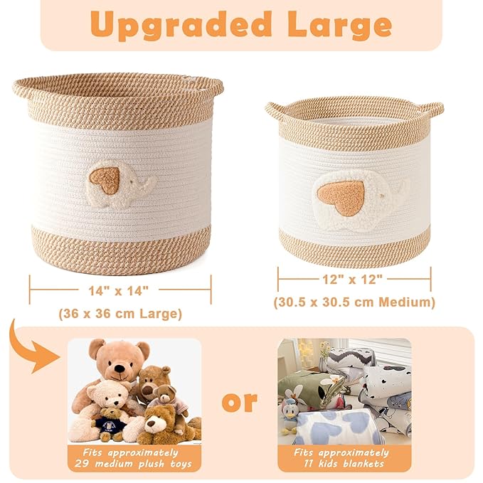 Large Blanket Baskets for Living Room Decor, Toy Storage Baskets Woven Cotton Rope Storage Basket for Kids, Dog Toys Organizer Clothes Hamper with Embroidery Decor for NurseryLaundry (Large, Elephant)