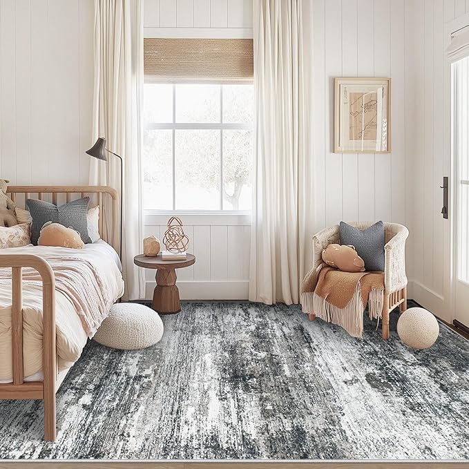 Washable Rug 6x9 Area Rugs for Living Room: Neutral Soft Rug Abstract Non Slip Low Pile Modern Carpet for Bedroom Kitchen Nursery Office Dining Room Indoor (Black, 6'x9')