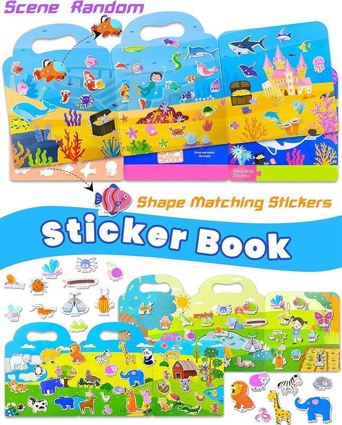 Reusable Sticker Book for Toddlers 2-4 Years, Stickers for Kids, Toddler Sticker Book Ages 1-3, Toddler Craft Activities, Toddlers Travel Toys Ages 2+ Boy Girl Birthday Gifts