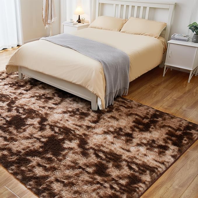 6x9 Area Rugs for Living Room, Fluffy Shaggy Bedroom Rug Indoor Carpet, Anti-Skid Soft High Pile Rug for Nursery, Kids Room, Bedside, Home Decoration, Tie-Dyed Brown