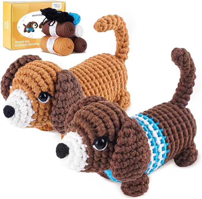 MOREJMTT Crochet Kit for Beginners, Learn to Crochet, Include Easy Knitting Soft Yarn, Step-by-Step Video Tutorial, Hook, Holiday Birthday Gift for Adults and Kids(Sausage Dog)