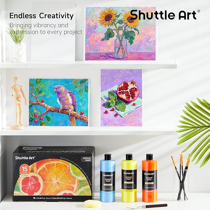 Shuttle Art Acrylic Paint, 15 Colors Acrylic Paint Large Bottle Set, 473ml/16oz Each, Rich Pigments, High Viscosity, Bulk for Artists, Beginners and Kids on Rocks Crafts Canvas Wood
