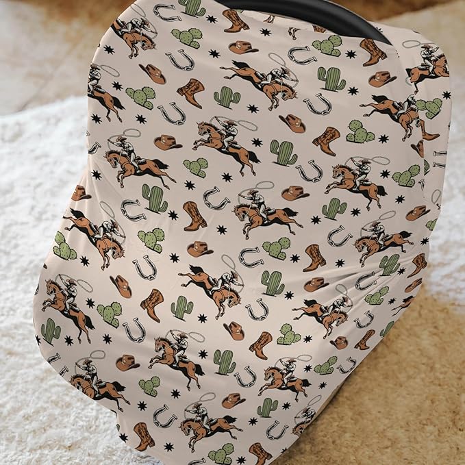Country Western Car Seat Cover for Baby Cowboy Hat Boots Horse Cactus Stretchy 5-in-1 Covers Adjustable Car Canopy Breastfeeding Cover Wild West Desert Breathable Nursing Cover-Up