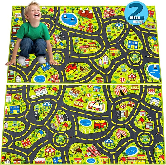 Kids Car Rug Play Mat (2.6x5 Feet) x2pcs, City Road Track Rug for Kids Race Car Track Carpet & Educational