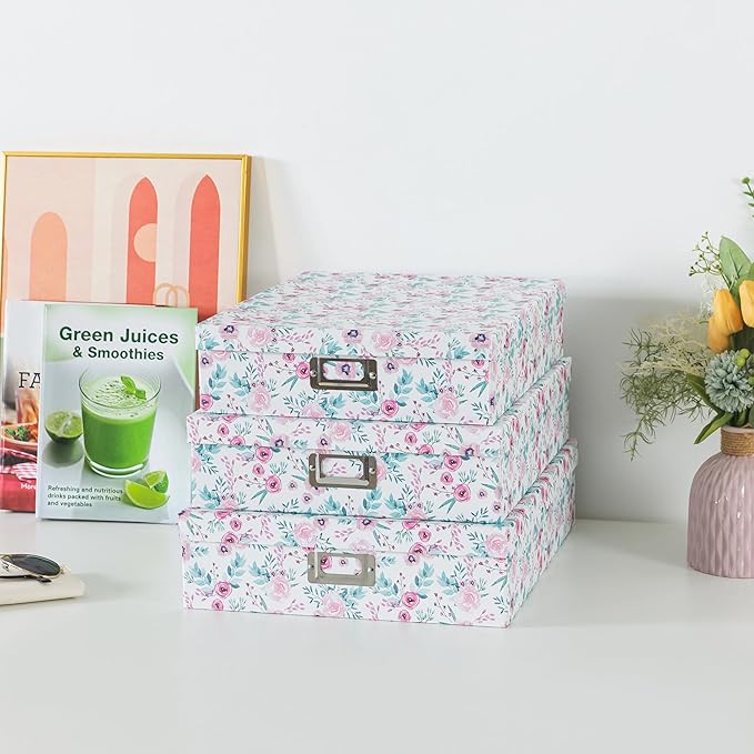 Soul & Lane Floral Decorative Storage Boxes With Lids, Set of 3 Pretty Nesting Cardboard Letter Storage Boxes for Photos, Documents, Scrapbooks, Keepsakes, Memories