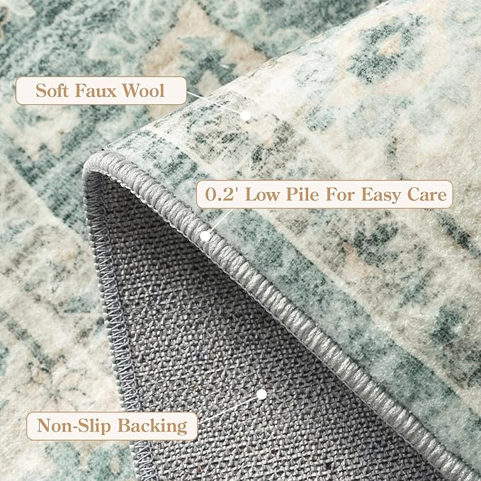 LIVEBOX Washable 2x6 Runner Rug for Bathroom, Non Slip Kitchen Mats for Floor Entryway, Boho Indoor Front Door Mat Low-Pile Runners for Hallways, Farmhouse Rugs for Laundry, Sage Green
