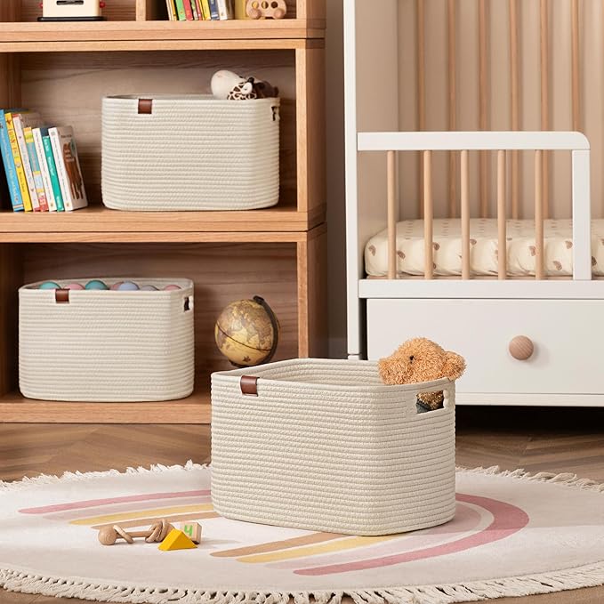 UBBCARE 2 Pack Baskets for Organizing, Woven Storage Baskets with Label for Toys and Towel, Rectangle Cotton Rope Basket with Handles, 15''L x10''W x9''H, Off-White