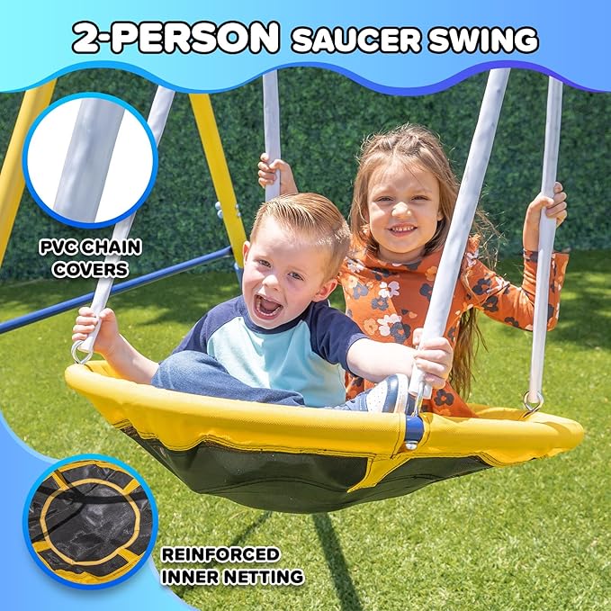 Sportspower Starlight Metal Swing Set with 2 LED Light-Up Swings, Saucer Swing & 5ft Slide – Outdoor Kids Playset with Sturdy Frame and Safety Features