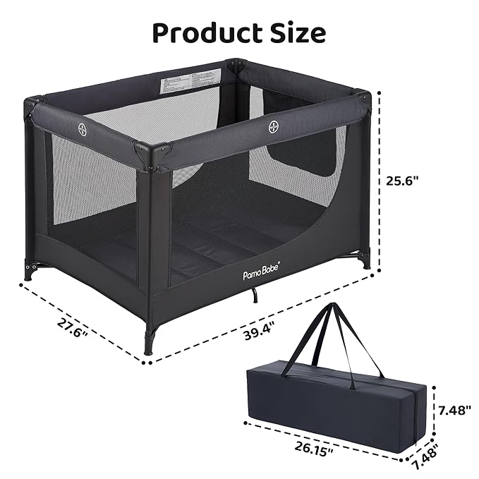 Pamo Babe Portable Crib Baby Playpen with Mattress and Carry Bag (Black)