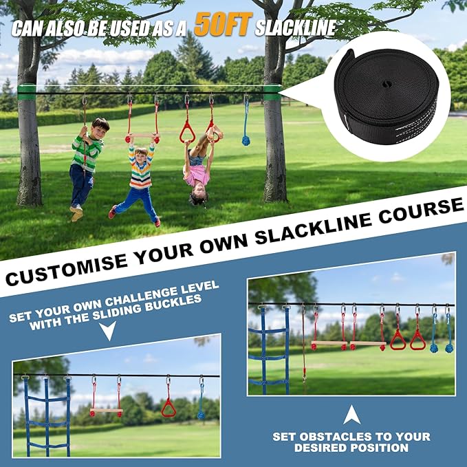 Slsy Ninja Warrior Obstacle Course for Kids, 50FT Durable Ninja Slackline Kit with 8 Accessories, Playset Equipment for Boys & Girls with Swing, Climbing Net, Ladder & Monkey Bars