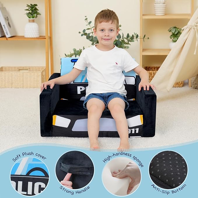 MallBest Kids Sofas Toddler Couch Bed Baby's Upholstered Chair Sleepover Couch Flipout Open Recliner(Black/Police Car)