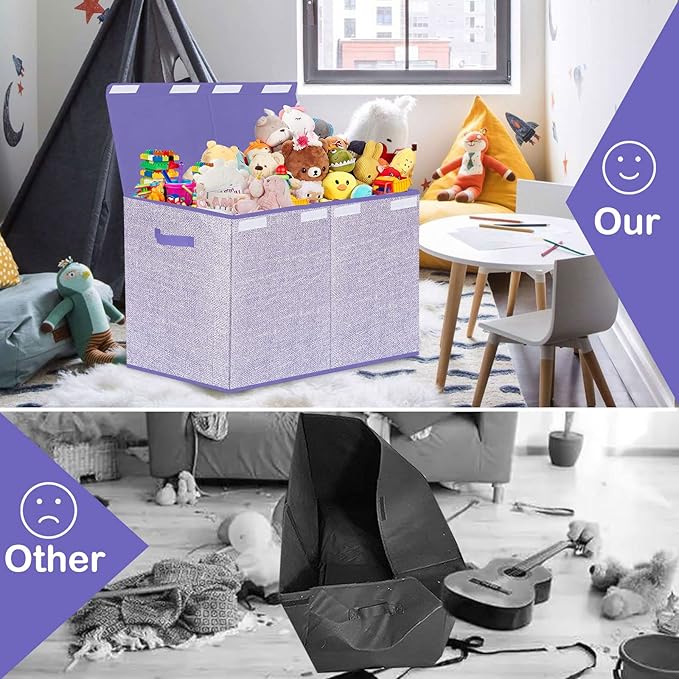 Toy Storage Bins,Large Toy Box Chest with Lids,Foldable Stuffed Animal Toy Organizers and Storage with Sturdy Handles for Kids,Girls,Boys,Nursery,Playroom 24.5"x13"x16" (Purple)