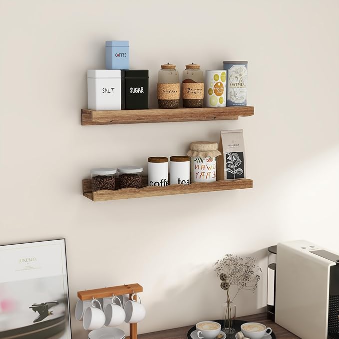 Fun Memories Picture Ledge Shelf for Wall, 24 inch Pine Wood Nursery Book Shelves Set of 2- Wall Book Shelves for Kids Room, Home Decor - Kitchen Spice-Carbonized