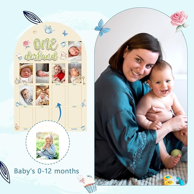 R HORSE My First Year Photo Frame Board, 3D Onederland Tea Party Birthday Decorations Display Wood Board, Baby First Year Picture Frame 12 Months Milestone 1st Birthday Nursery Decor Gift for Girl