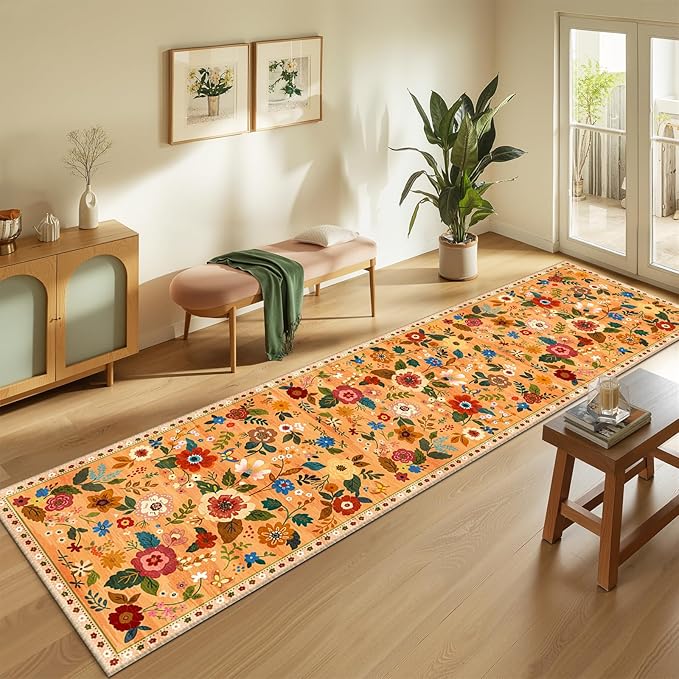 Floral 2x8 Area Rug Machine Washable Soft Print Boho Carpet Non Slip Doormat Low Pile Flower Area Rugs for Living Room Bedroom Nursery Kitchen Dining Room Indoor-Yellow/Orange