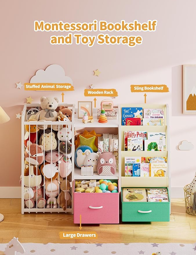 Kids Bookshelf and Toy Storage, Large 3 Tier Book Shelf for Kids Rooms, Sling Baby Bookcase with Stuffed Animal Storage, Toddler Montessori Bookshelf for Nursery, Playroom, Kindergarten