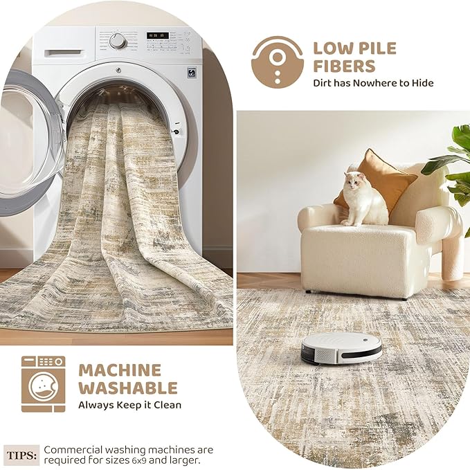 Area Rug for Living Room: 5x7 Thickened Washable Neutral Abstract Modern Soft Rugs Non Slip Indoor Floor Stain Resistant Carpet for Bedroom Dining Room Office Nursery - Golden Brown