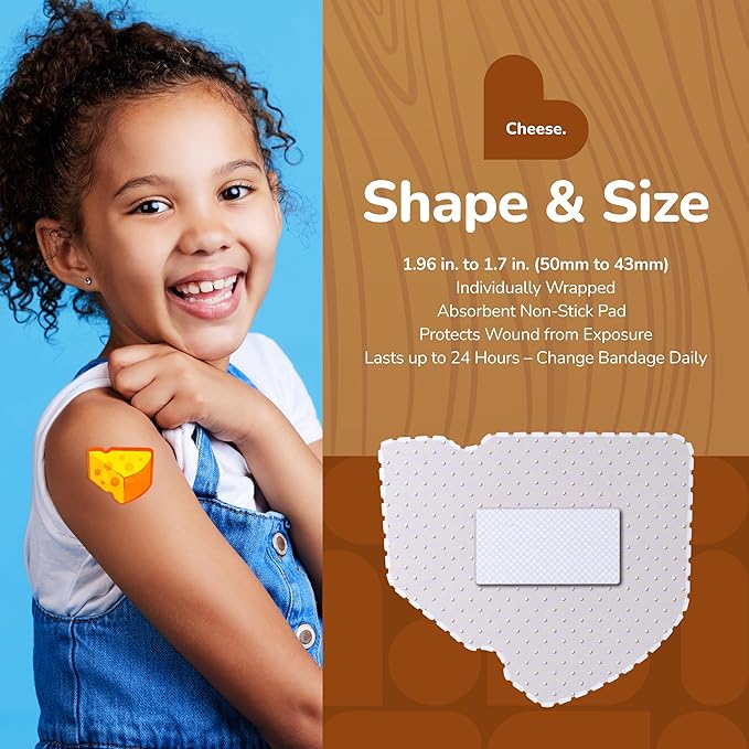 BioSwiss Bandages, Cheese Shaped Self Adhesive Bandage, Latex Free Wound Care, Fun First Aid Kit Supplies for Kids and Adults, 24 Count