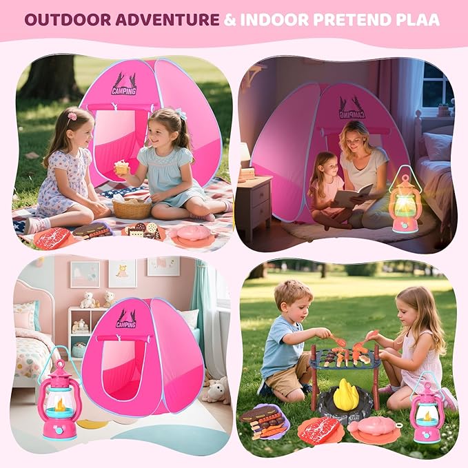 Camping Set Toys with Pop up Tent Pretend Play Indoor Outdoor Camping Playset,Christmas Birthday Gifts for Toddlers Kids Girls 3-5 Years Old