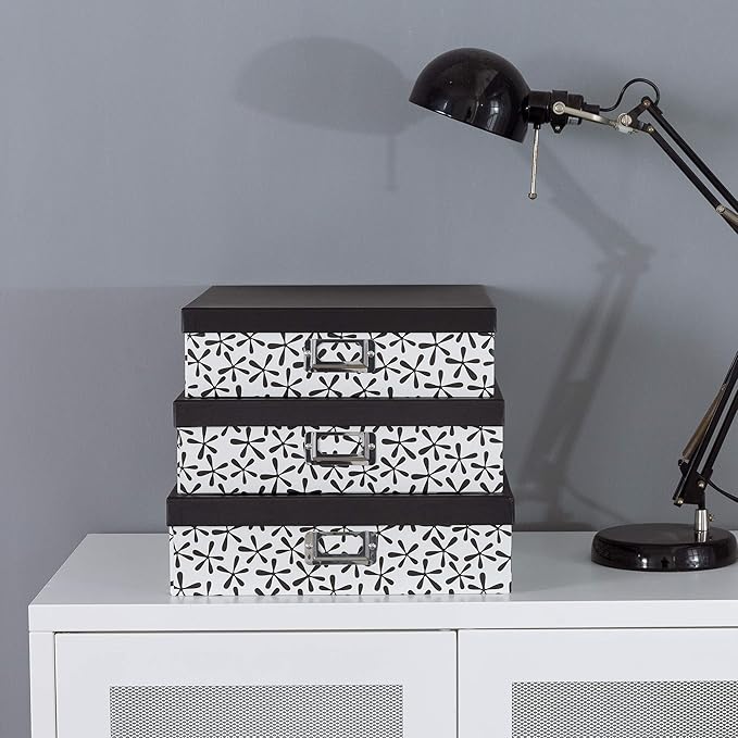 Soul & Lane Decorative Cardboard Storage Boxes With Lids for Home Décor, Set of 3 Nesting Black and White Photo Storage for Documents and Scrapbook Paper, Memory Boxes For Keepsakes