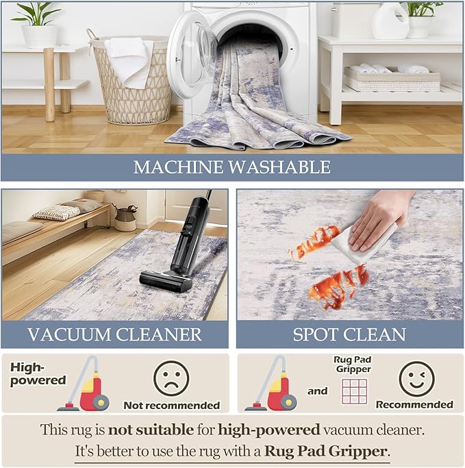 Washable Area Rugs 9'x12' Non-Slip Modern Abstract Soft for Living Room Entryway Bedroom Nursery, Print Pattern, Purple Grey Cream Yellow